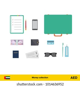 Tourist equipment, air boarding pass ticket, phone, money, passport, toothpaste, sunglasses, wallet, credit card. Dirham banknote vector illustration.