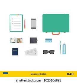Tourist equipment, air boarding pass ticket, phone, money, passport, toothpaste, sunglasses, wallet, credit card.  hryvnia banknote vector illustration.