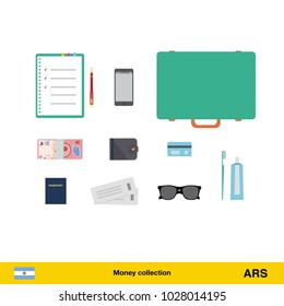 Tourist equipment, air boarding pass ticket, phone, money, passport, toothpaste, sunglasses, wallet, credit card. Peso banknote vector illustration.