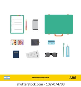 Tourist equipment, air boarding pass ticket, phone, money, passport, toothpaste, sunglasses, wallet, credit card. Peso banknote vector illustration.