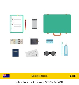 Tourist equipment, air boarding pass ticket, phone, money, passport, toothpaste, sunglasses, wallet, credit card. Australian dollar banknote vector illustration.