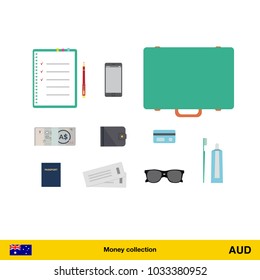 Tourist equipment, air boarding pass ticket, phone, money, passport, toothpaste, sunglasses, wallet, credit card. Australian dollar banknote vector illustration.