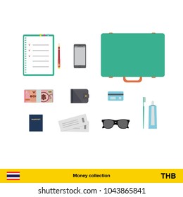 Tourist equipment, air boarding pass ticket, phone, money, passport, toothpaste, sunglasses, wallet, credit card. Thai baht banknote vector illustration.

