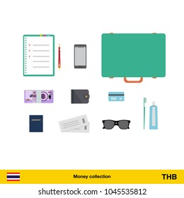 Tourist equipment, air boarding pass ticket, phone, money, passport, toothpaste, sunglasses, wallet, credit card. Thai baht banknote vector illustration.

