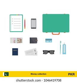 Tourist equipment, air boarding pass ticket, phone, money, passport, toothpaste, sunglasses, wallet, credit card. Pakistan rupee banknote vector illustration.