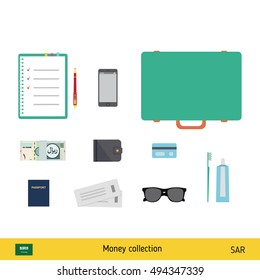
Tourist equipment, air boarding pass ticket, phone, money, passport, toothpaste, sunglasses, wallet, credit card. Saudi Arabian Riyal banknote vector illustration.