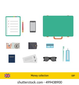 Tourist equipment, air boarding pass ticket, phone, money, passport, toothpaste, sunglasses, wallet, credit card. British pound banknote vector illustration.