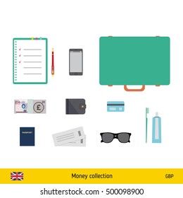 Tourist equipment, air boarding pass ticket, phone, money, passport, toothpaste, sunglasses, wallet, credit card. British pound banknote vector illustration.