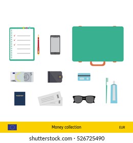 Tourist equipment, air boarding pass ticket, phone, money, passport, toothpaste, sunglasses, wallet, credit card. Euro banknote vector illustration.