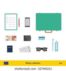 Tourist equipment, air boarding pass ticket, phone, money, passport, toothpaste, sunglasses, wallet, credit card. Euro banknote vector illustration.