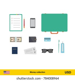 Tourist equipment, air boarding pass ticket, phone, money, passport, toothpaste, sunglasses, wallet, credit card. Dollar banknote vector illustration.