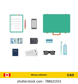 Tourist equipment, air boarding pass ticket, phone, money, passport, toothpaste, sunglasses, wallet, credit card. Canadian dollar banknote vector illustration.