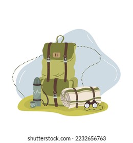 Tourist equipment, backpack, tourist mat, thermos, binoculars. The concept of vacation in nature, hiking in the mountains, picnic. Vector flat illustration.