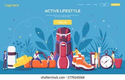 Tourist equipment concept flyer, web banner, ui header, enter site. Grain texture and noise effect.  People character with items around tourist equipment  concept background.
