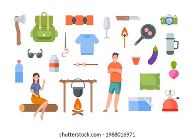 Tourist equipment and hiking accessories on white background. Camping elements kit for outdoor adventure. Flat vector icons collection on white background. Campfire, pot, backpack, t-shirt, camera