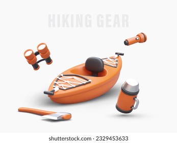 Tourist equipment for hiking, kayaking. Poster in cartoon style. 3D orange kayak, flashlight, axe, binoculars, thermos. Advertising template with space for text