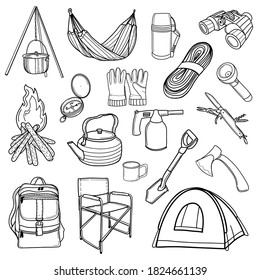 Tourist equipment. Hiking, traveling. A set of icons for camping. Vector illustration in Doodle style. Design for stickers, printing, magazines, blogs