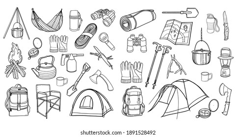 Tourist equipment. Hiking, traveling. A set of icons for camping. Vector illustration in Doodle style. Design for stickers, printing, magazines, blogs