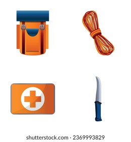 Tourist equipment icons set cartoon vector. Sport tourism. Touristic and trekking gear