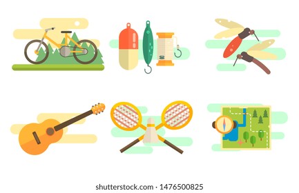 Tourist Equipment Set, Camping and Fishing Elements, Summer Outdoor Activities Vector Illustration
