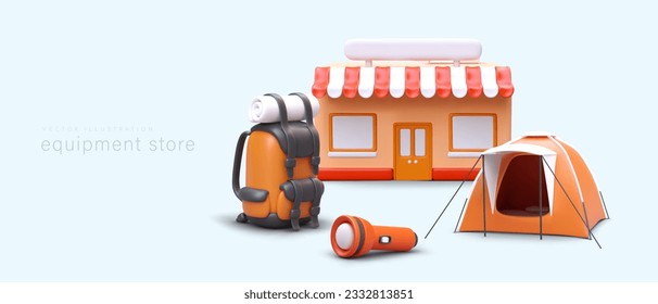 Tienda de equipamiento turístico. Pequeña tienda 3D con baldaquín a rayas, mochila con tapete para dormir laminado, linterna, carpa. Todo para comodidad durante el camping. Plantilla de publicidad con texto