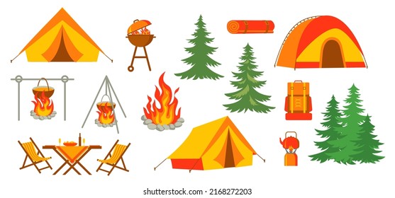 Tourist equipment. Tent, campfire and backpack.