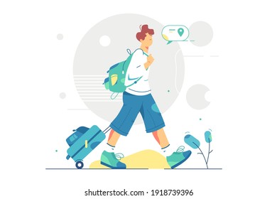 Tourist explore new place with luggage vector illustration. Summer tourist character on new adventure flat style. Explore world and new experience concept. Isolated on white background