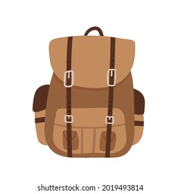 Tourist Explorer Backpack For Traveling, Camp Tourism And Outdoor Summer Adventure Vector Illustration. Cartoon Fabric Knapsack For Trip Journey, Brown Rucksack Isolated On White.