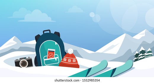 Tourist exploring mountains at winter and skiing, travel equipment on the snow