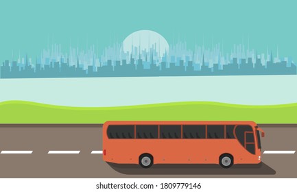 Tourist express bus rides on the road against the backdrop of the cityscape concept vector flat illustration design banner