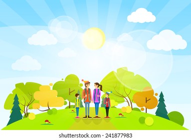 tourist family with backpack over summer landscape mountain forest road flat design vector illustration