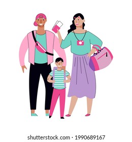 Tourist family with child standing with plane travel tickets and bags - cartoon couple and little boy ready to fly to summer vacation - flat isolated vector illustration.