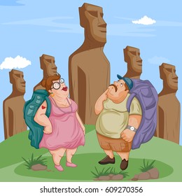 Tourist Family Couple Traveling Near Easter Island In The South Pacific In Vector