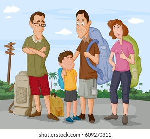 Tourist family traveling with luggage in vector