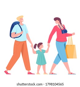 Tourist family travelling with backpacks, bags and camera. Vector illustration of summer tourist character, woman, man and child