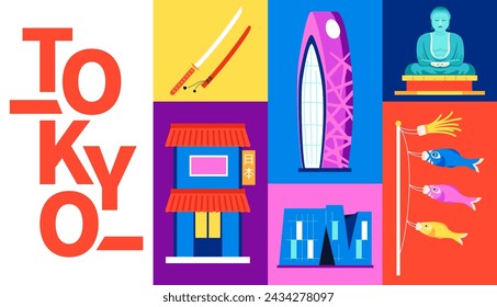 Tourist features of Tokyo - set of flat design style colorful illustrations. Images of samurai sword katana, buddha statue, Koinobori paper fish, traditional architecture and high-tech buildings