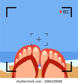 tourist feet in video Vector. enjoy, have fun & free in summer with viewfinder record isolated flat design. focus on woman in summertime beach. people sitting & lying. holiday & vacation background.