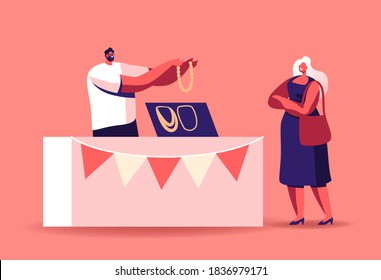 Tourist Female Character Choose Bijouterie on Market. Man Seller Hold Beads Made of Amber at Market Booth, Sell Jewelry and Necklaces Made of Gems, Handmade Craft. Cartoon People Vector Illustration