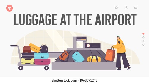 Tourist Female Character Claim Baggage in Airport Landing Page Template. Plane Arrival, Departure, Tourism. Woman Taking Luggage on Carousel after Airplane Flight. Cartoon People Vector Illustration