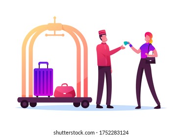 Tourist Female Character Giving Tips to Doorman in Uniform Deliver her Luggage in Room. Hospitality Service, Hostess. Woman Gratitude Hotel Staff for Good Work. Cartoon People Vector Illustration