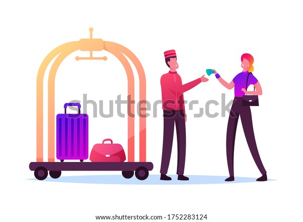 Tourist Female Character Giving Tips to\
Doorman in Uniform Deliver her Luggage in Room. Hospitality\
Service, Hostess. Woman Gratitude Hotel Staff for Good Work.\
Cartoon People Vector\
Illustration