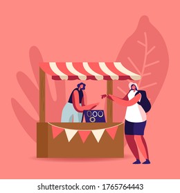 Tourist Female Character Trying Bijouterie on Hand. Woman Seller Stand at Booth Sell Various Jewelry Bracelets and Necklaces Made of Beads and Gems, Handmade Craft. Cartoon People Vector Illustration