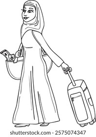 Tourist female in a hijab traveling with a suitcase and holding a passport and money, minimalistic style vector illustration. Excitement for journey, traveller, tourism theme.