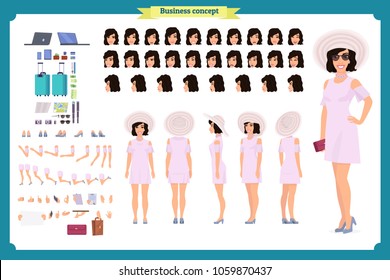 Tourist female, vacation traveller character creation set. Full length, views, emotions, gestures, tan skin tones, white background. Build your own design. Cartoon flat-style infographic illustration