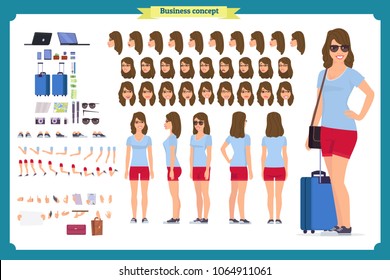 Tourist female, vacation traveller character creation set. Full length, views, emotions, gestures, tan skin tones, white background. Build your own design. Cartoon flat-style infographic illustration
