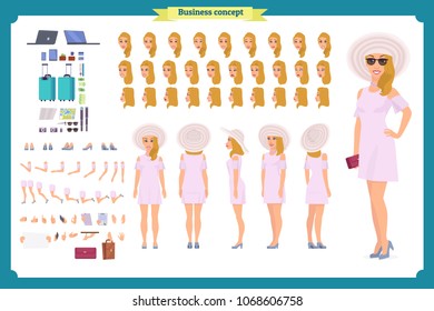 Tourist female, vacation traveller character creation set. Full length, views, emotions, gestures, tan skin tones, white background. Build your own design. Cartoon flat-style infographic illustration