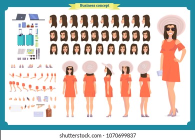 Tourist female, vacation traveller character creation set. Full length, views, emotions, gestures, tan skin tones, white background. Build your own design. Cartoon flat-style infographic illustration