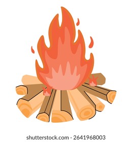 Tourist fire made of wooden logs. Chopped firewood laid in a semicircle and flames with sparks. Red, pink, beige, orange colors on white background. Vector cartoon design for banner, sticker, print.