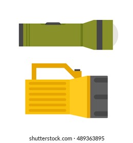Tourist flashlight vector illustration. Handle lighters icon. Different flashlight isolated on white.
