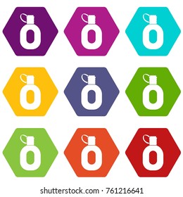 Tourist flask icon set many color hexahedron isolated on white vector illustration